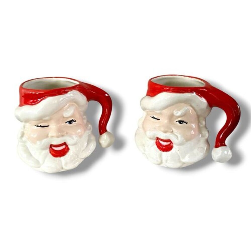 2 Vintage Christmas Santa Claus Face Mugs Winking Blinking 3.25” Set